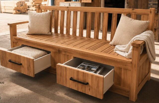 Doğal ahşaptan üretilmiş, çekmeceli bahçe bench mobilyası